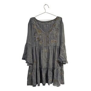Kyla Seo Ayala Dress Mini Tiered Twirly Western Boho Celestial Tencel Chambray L